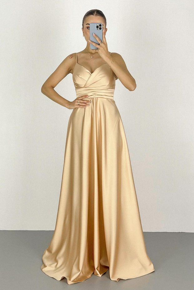 Women's Gold Rope Strap Waist Belt Satin Long Evening Dress & Homecoming Dress