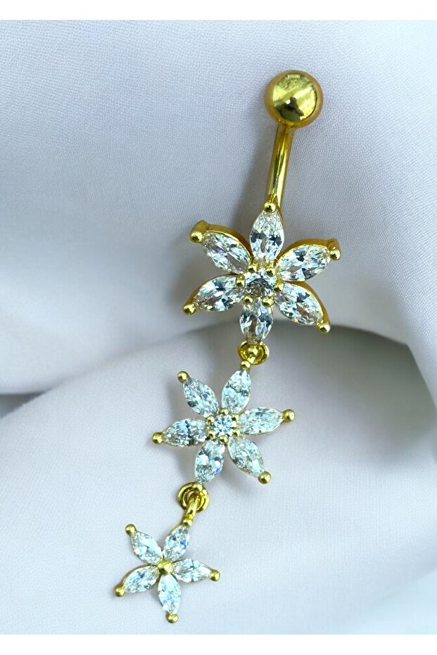 Çelik 316 L Çiçek Detaylı Sallanır Göbek Piercingi - 2