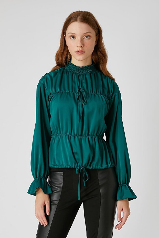 Lastik dikişli saten bluz - 1