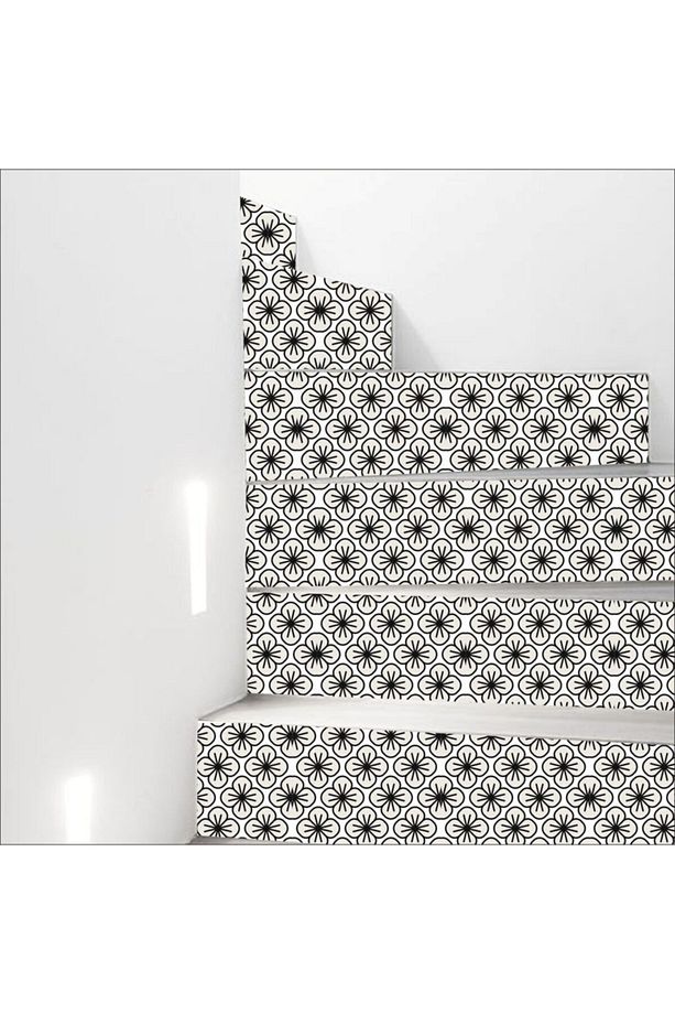 Merdiven Sticker Kendinden Yapışkanlı Folyo Kaplama 5 Adet Siyah Çiçekli (18CM X 120CM) - 1
