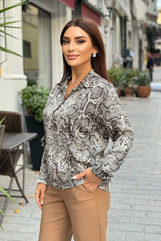 Desenli gri viskon gömlek - 1