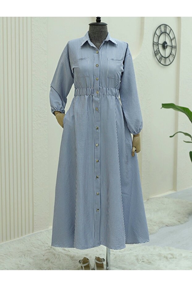 Elastic waist, buttoned, striped dress - navy