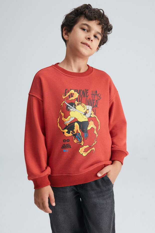 GRIMELANGE REMCO Erkek Çocuk Nakışlı Yuvarlak Yaka Kiremit Rengi Sweatshirt