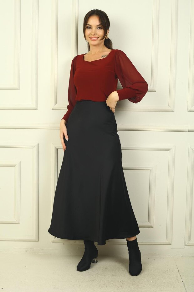 Women's Elastic Waist Long Satin Skirt
