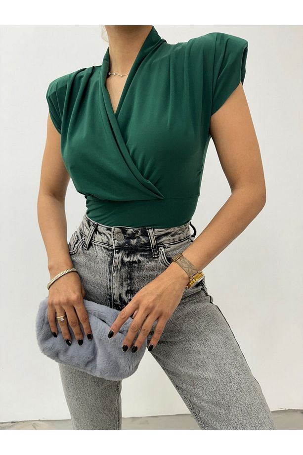 Sıfır Kol Vatkalı Kruvaze Model Sandy Bluz -zümrüt - 7