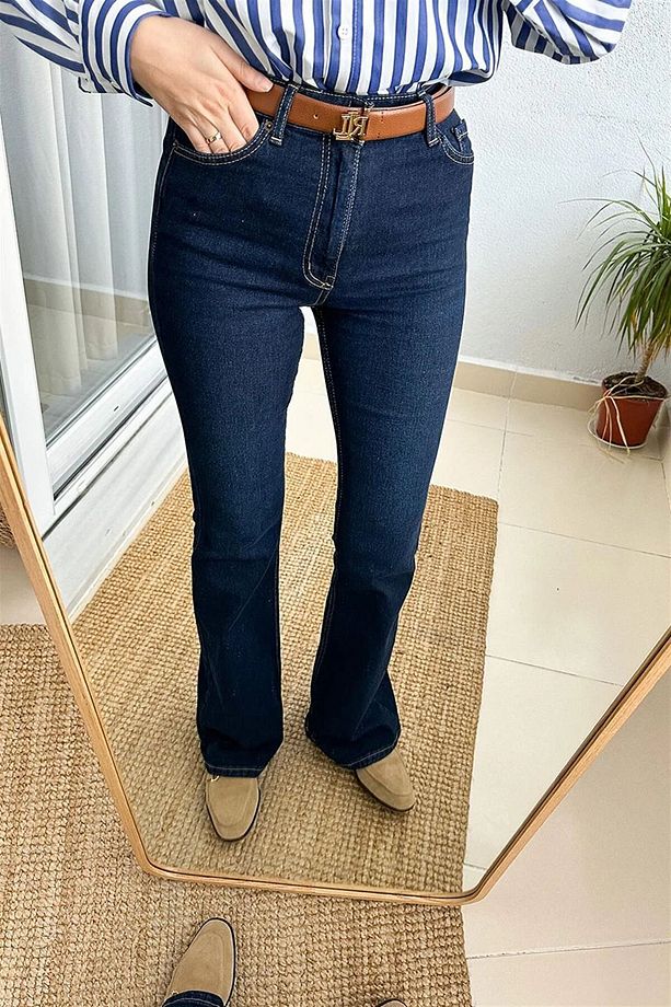 Duryn Pamela Kadın 90's Lacivert İspanyol Paça Yüksek Bel Extra Likralı Jeans Kot Pantolon - 3