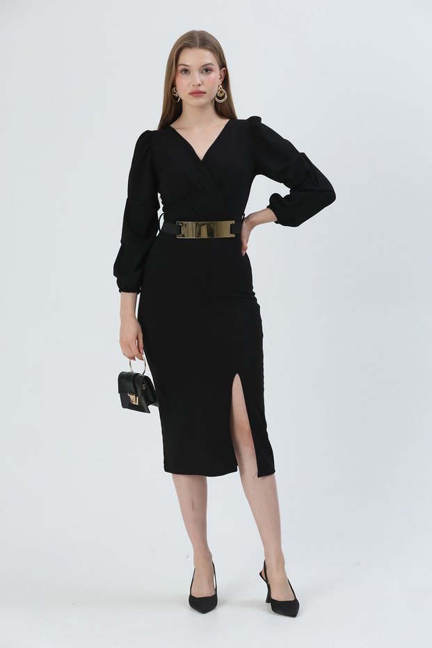Black Crepe Fabric Double Breasted Neckline Slit Design Midi Evening Dress with Belt 074
