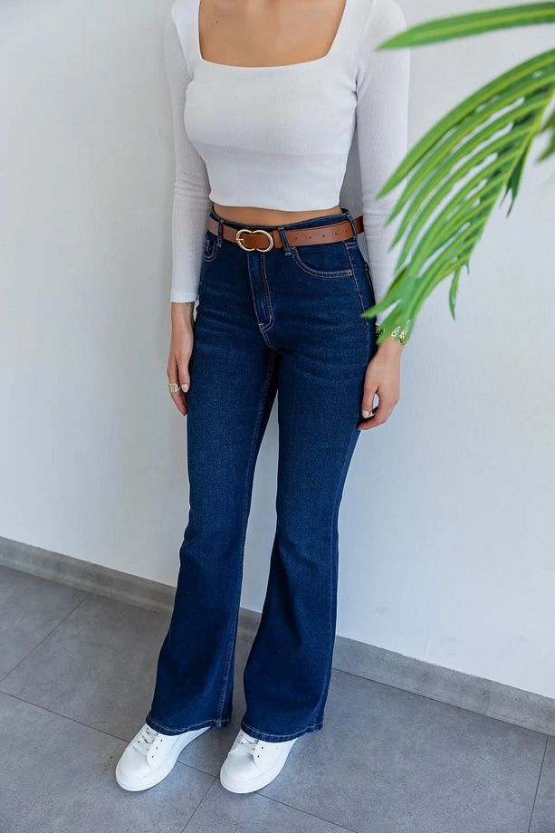 Pamela Ispanyol Lacivert Kot Yüksek Bel Likralı Ekstra Esnek Flare Jeans Kot Pantolon - 3