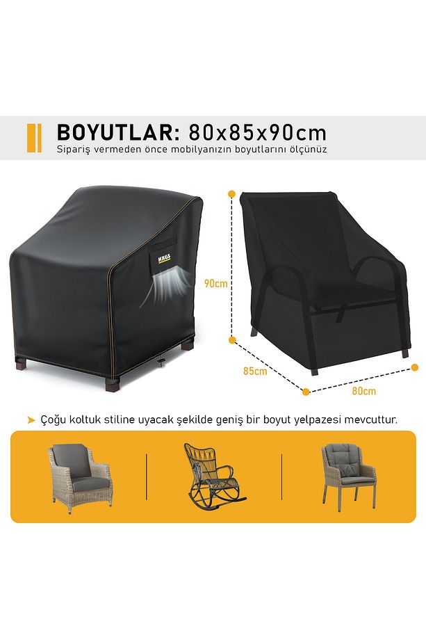 Tek Kişilik Bahçe Koltuk Örtüsü, Koruma Kılıfı, Su Geçirmez Mobilya Örtüsü 80-85-90cm - Siyah - 2