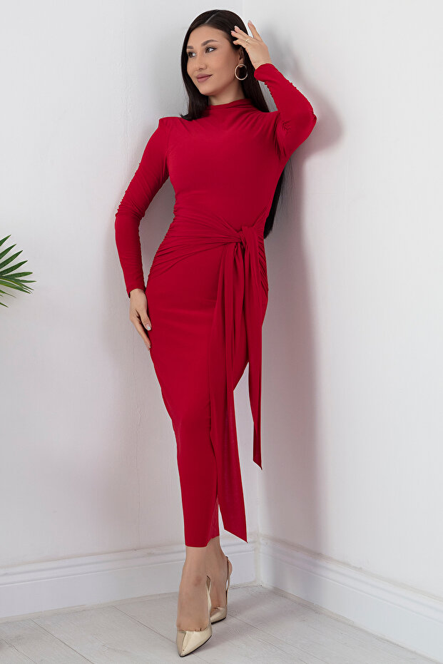 Dik Yaka Önden Bağlamalı Elbise NY4453 - 5