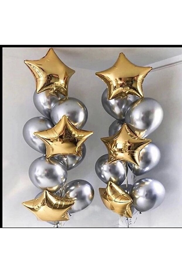 14 Pieces Silver Chrome Balloon - Gold Star 6 Pieces
