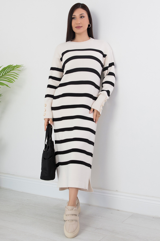 Çizgili Uzun Kol Triko Elbise MOD1028 - 1