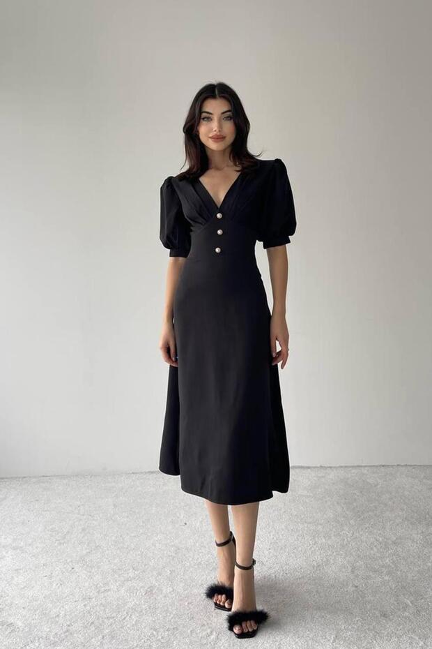 Women's Black V-Neck Balloon Sleeve Button Detailed Midi Dress