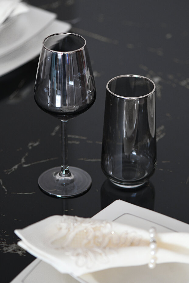 Smoked Black Gilded Glass Soft Drink Glass Set 12 Pieces for 6 People