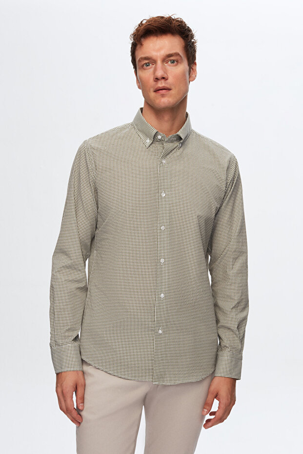 Ds Groom Slim Fit Khaki Gingham Shirt
