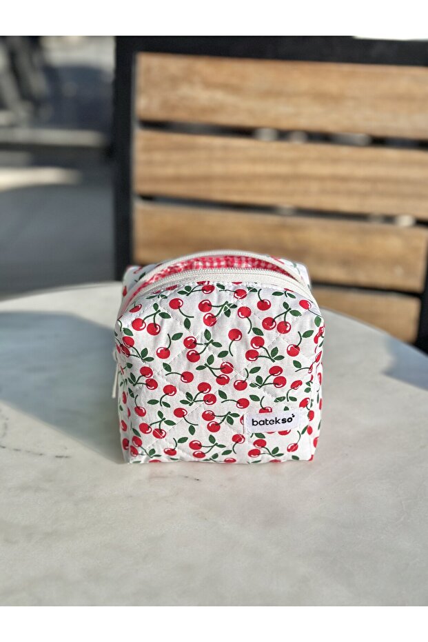 حقيبة مكياج منقوشة باللون الأحمر الكرزي - حجم صغير - 5