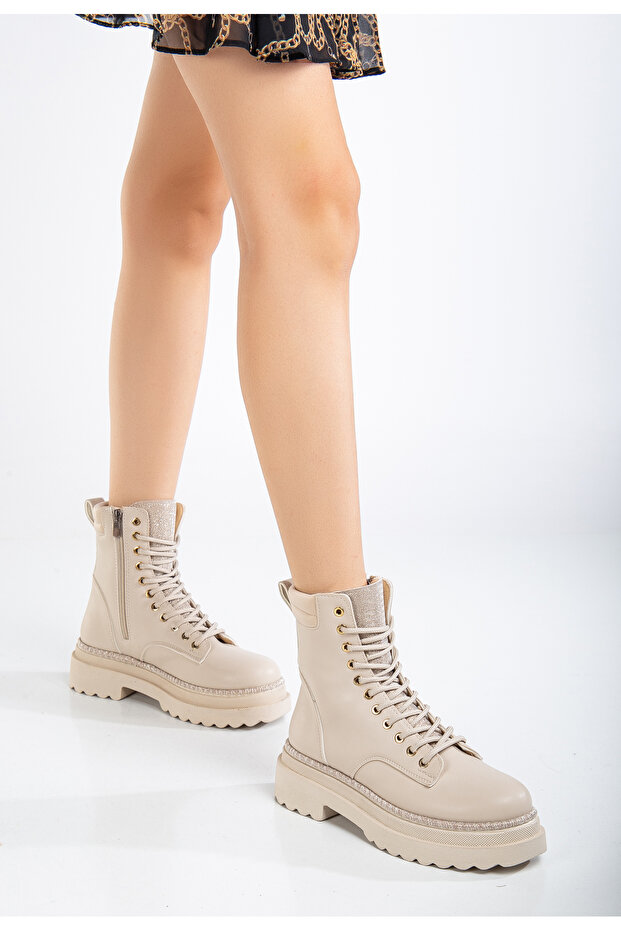Women's Daily Comfortable Silvery Zippered Lace up Boots Cream