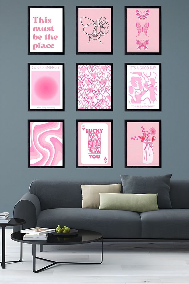 Pozitif Enerji 9'lu Pembe Duvar Dekoru Çerçeve Görünümlü Modern MDF Tablo Seti- Ev Dekorasyon - 2