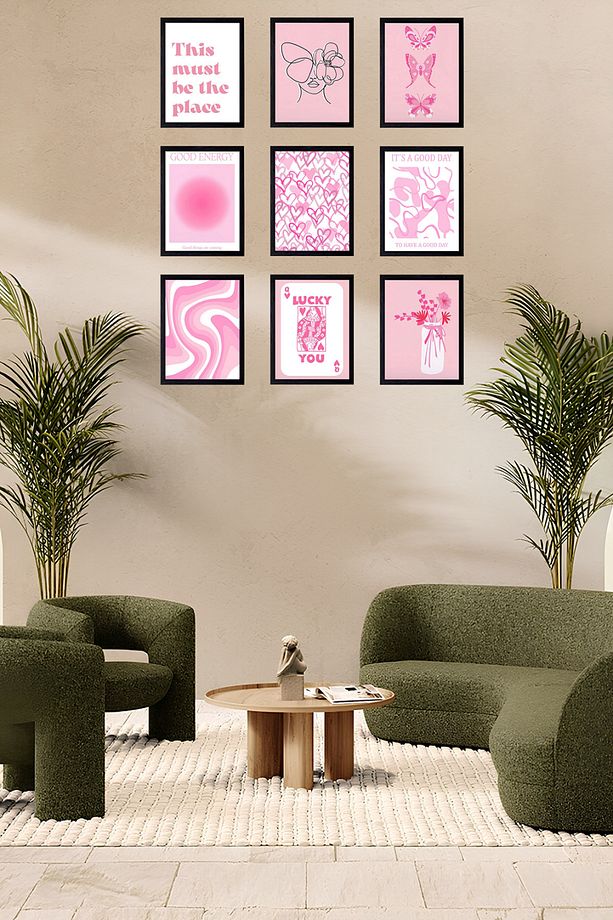 Pozitif Enerji 9'lu Pembe Duvar Dekoru Çerçeve Görünümlü Modern MDF Tablo Seti- Ev Dekorasyon - 3