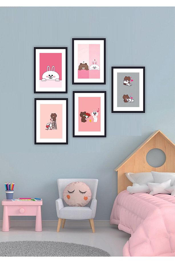 5 Parça Sevimli Ayıcık Çocuk Odası Duvarı Ev Dekor Ahşap Arkası Yapışkanlı Çoklu Mdf Tablo Set - 1