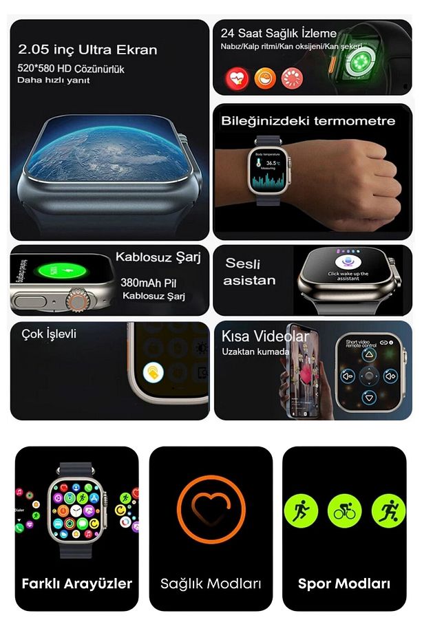 4 Kordonlu Spor Ve Sağlık Sensörlü Yeni Nesil Watch 8 Ultra IOS Android Bluetooth T20 Akıllı Saat - 3
