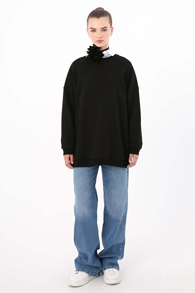 Siyah-3 İplik Oversize Basic Sweatshirt - 2