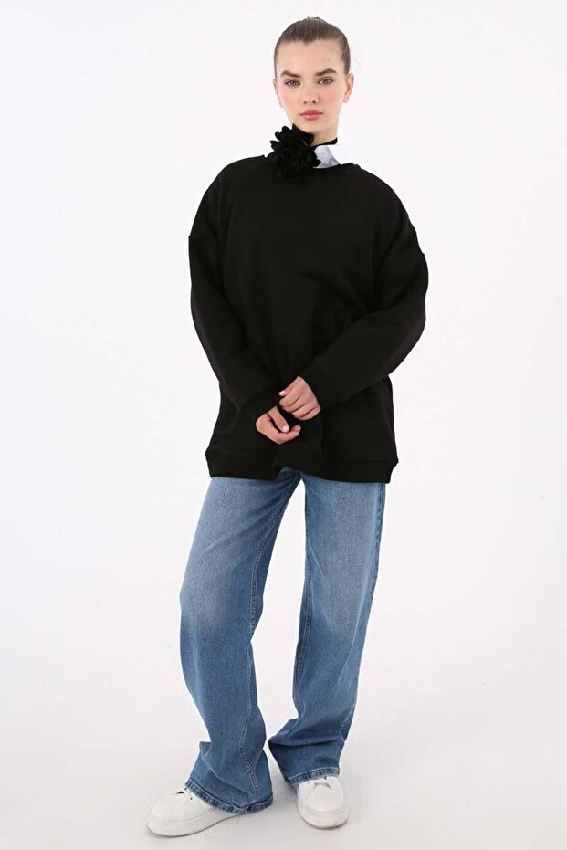 Siyah-3 İplik Oversize Basic Sweatshirt - 5