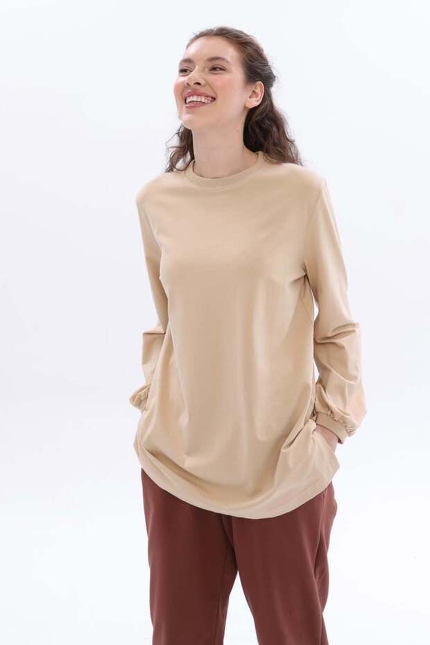 Beige-Crew Neck Sleeve Drawstring Cotton Blouse