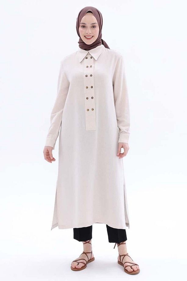 Kemik-Çift Düğmeli Keten Tunik - 2