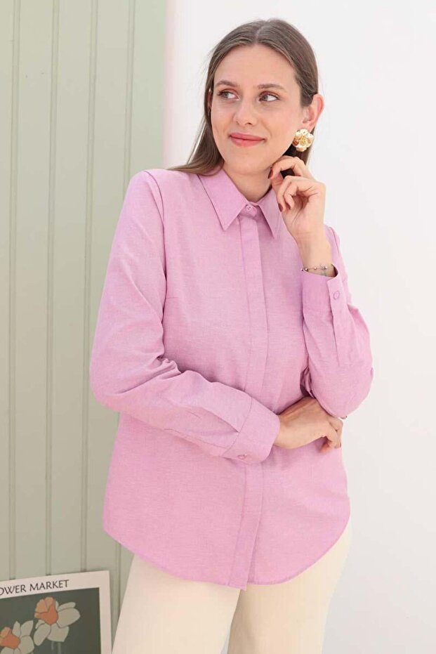 Candy Pink-Basic Hidden Placket Shirt - 1