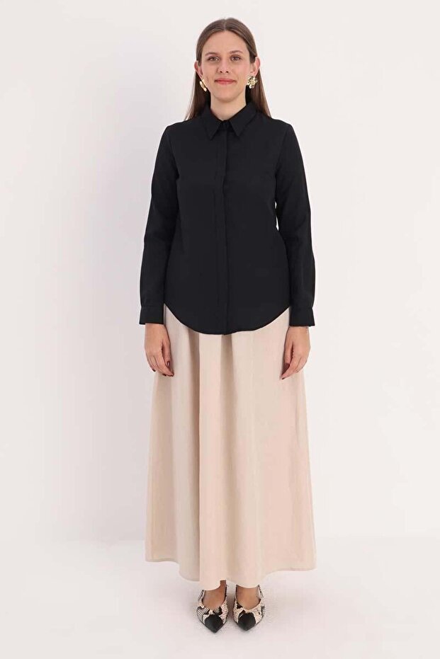 Black-Basic Hidden Placket Shirt - 2