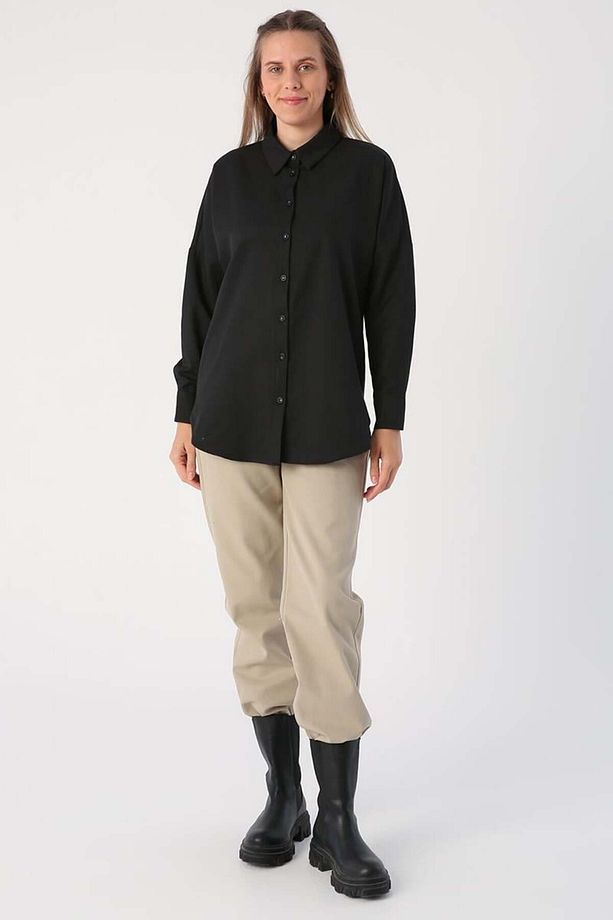 Siyah-Oversize Basic Gömlek - 4