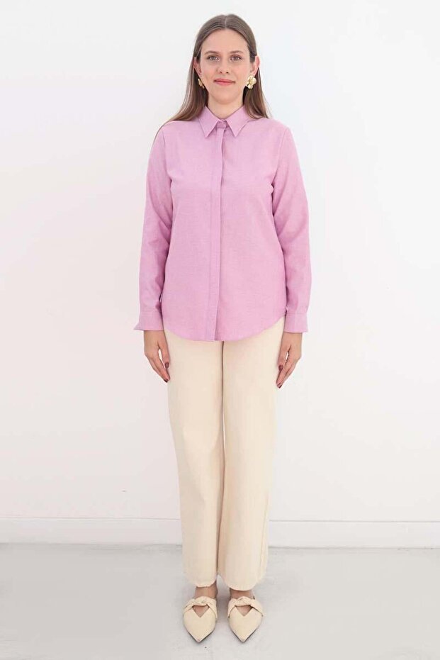 Candy Pink-Basic Hidden Placket Shirt - 2