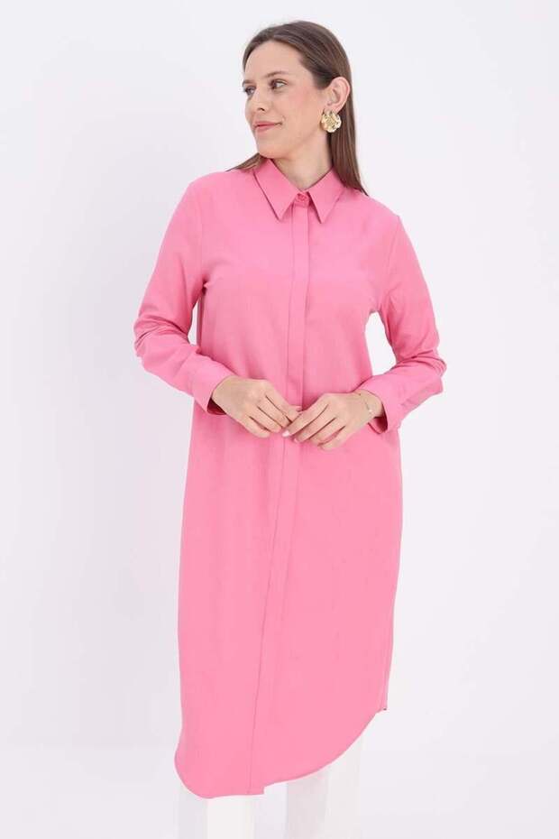 Pink-Secret Placket Long Shirt