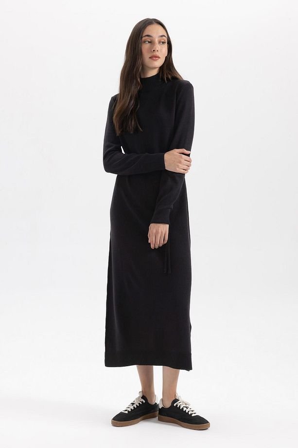 Regular Fit Yarım Balıkçı Yaka Basic Düz Yırtmaçlı Uzun Kollu Maxi Triko Elbise A9807ax23wn - 4