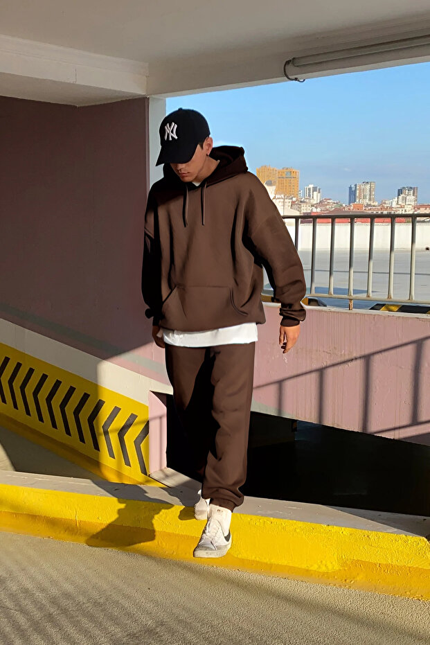 Men's Basic Oversize Kangaroo Pocket Tracksuit Set - 2