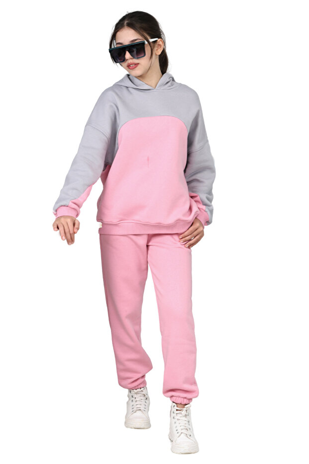 Girls' Garnied Oversize 3 Thread Raised Cotton Tracksuit with Elastic Legs
