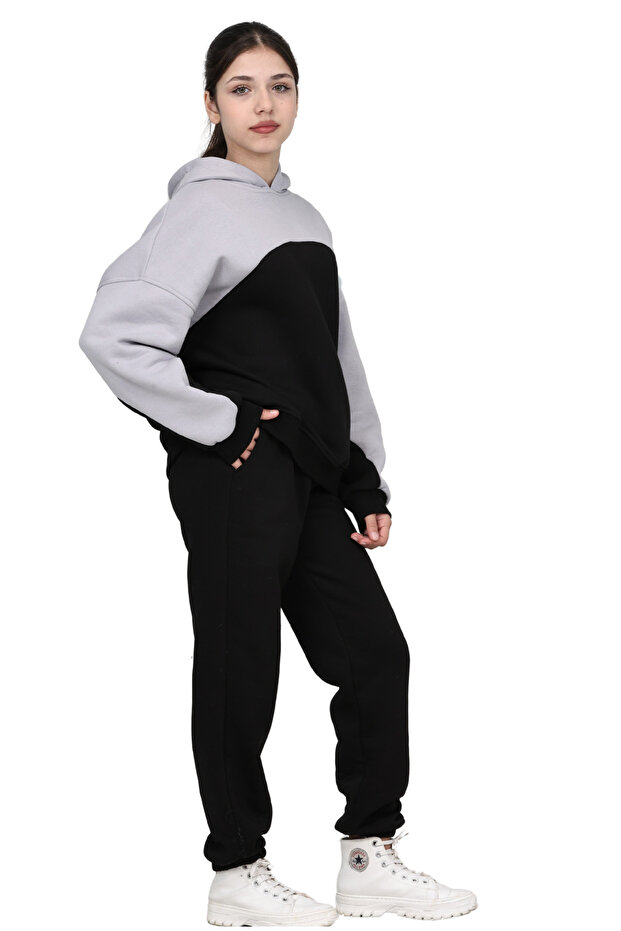 Girls' Garnied Oversize 3 Thread Raised Cotton Tracksuit with Elastic Legs