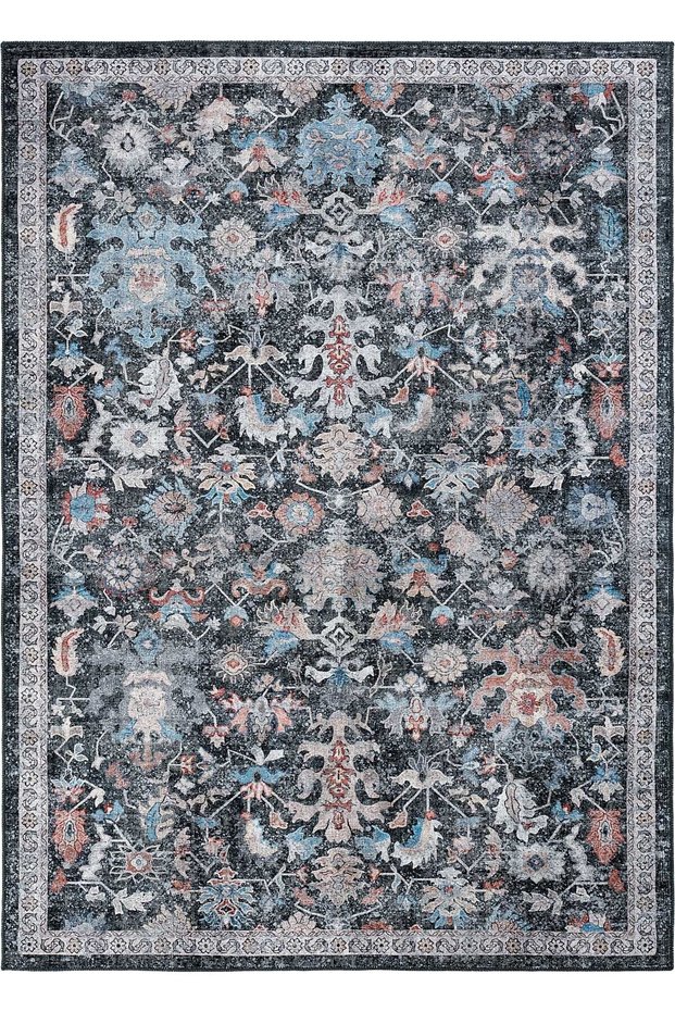 Private Anthracite Rug with Distressed Pattern, Vintage Chenille Rug, Authentic Floral Print Living Room Rug (xxx)