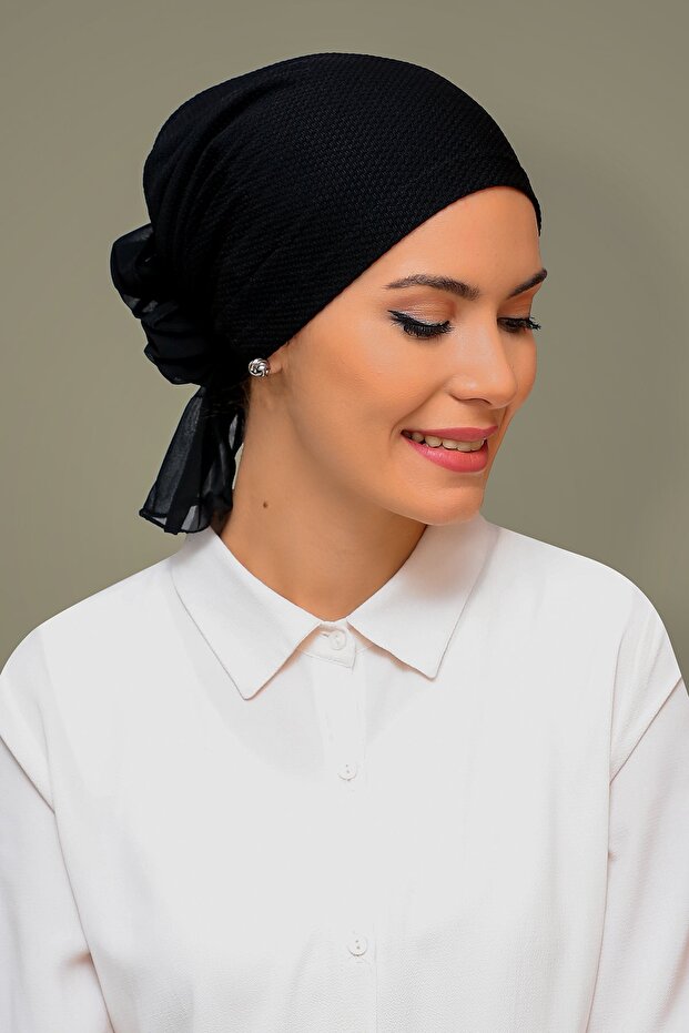 Black Practical Ready-Made Hijab Bonnet with Honeycomb Roses 1201_01