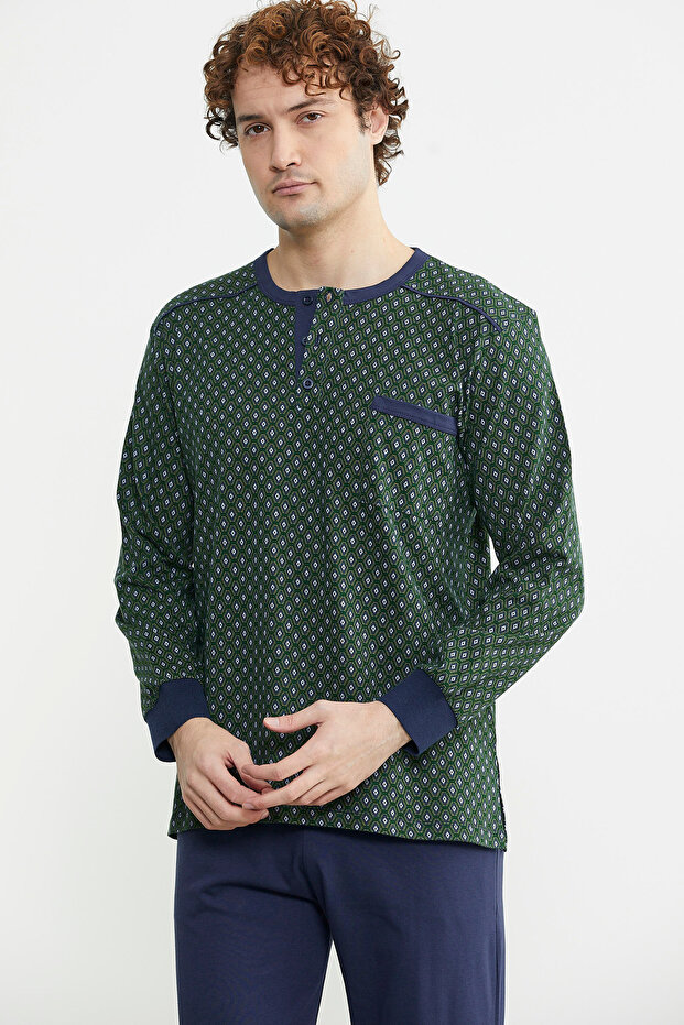 طقم بيجامة بتصميم ياقة بولو - أخضر - 2