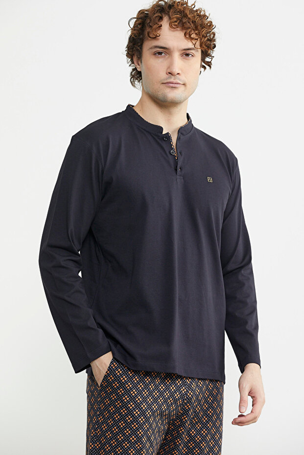 Patterned Combination Pajama Set - Buttoned, Brown - 4