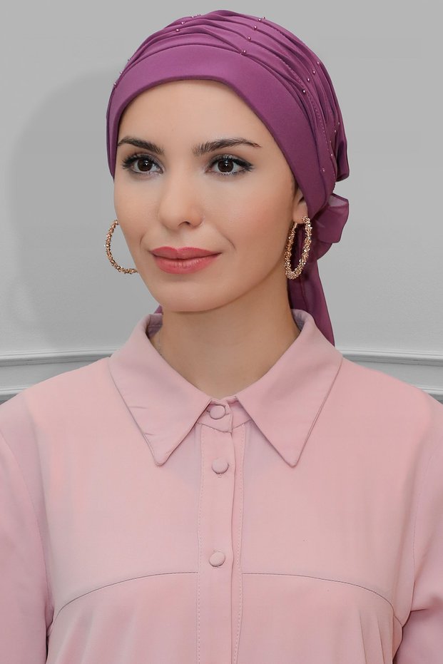 Dried Rose Practical Ready-To-Wear Hijab Bonnet Sandy Fabric Pearlescent Pleated Ribbed Rosey 1805_18