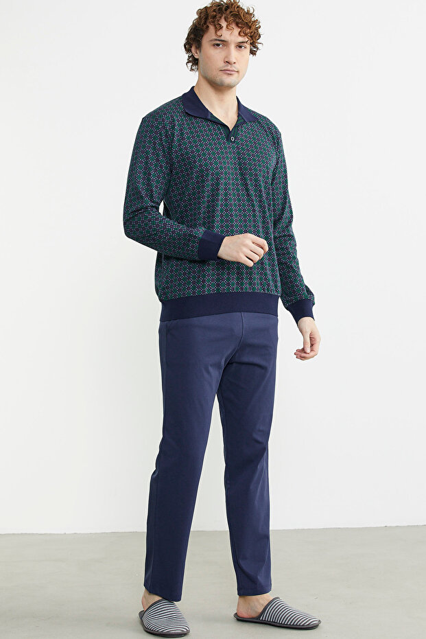 طقم بيجامة مريح منقوش باللون الأخضر - 3