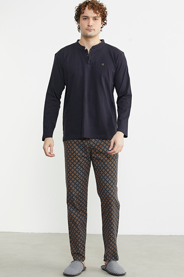 Patterned Combination Pajama Set - Buttoned, Brown - 3