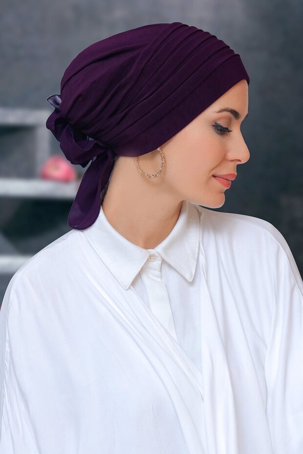 Plum Practical Ready-made Interlocking Hijab Bonnet Sandy Fabric Pleated Ribbed Rose 1806_07