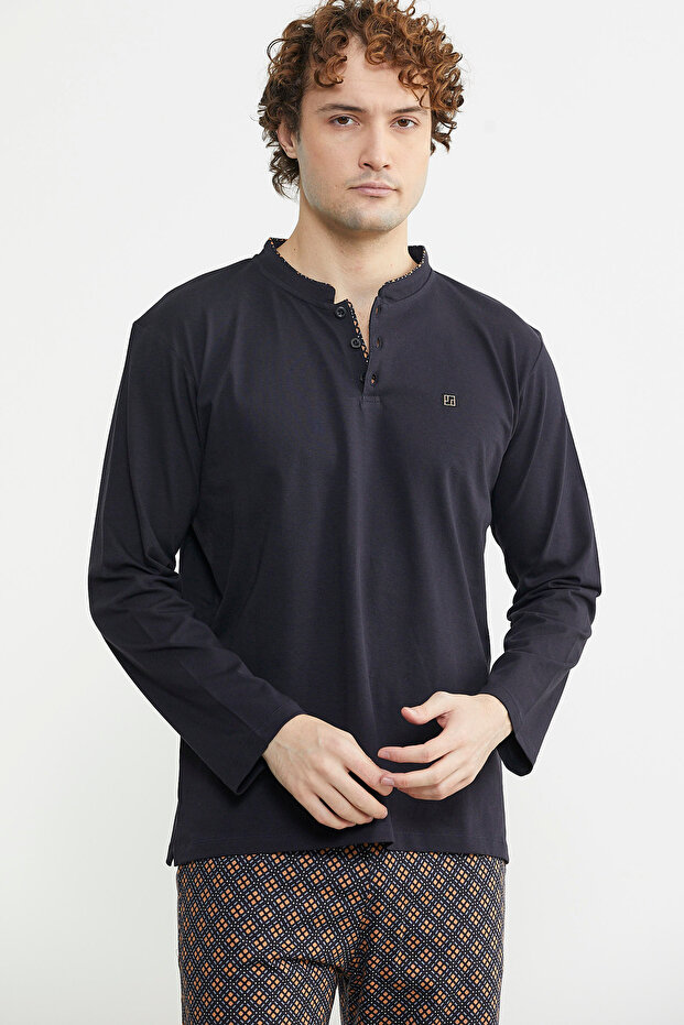 Patterned Combination Pajama Set - Buttoned, Brown - 2