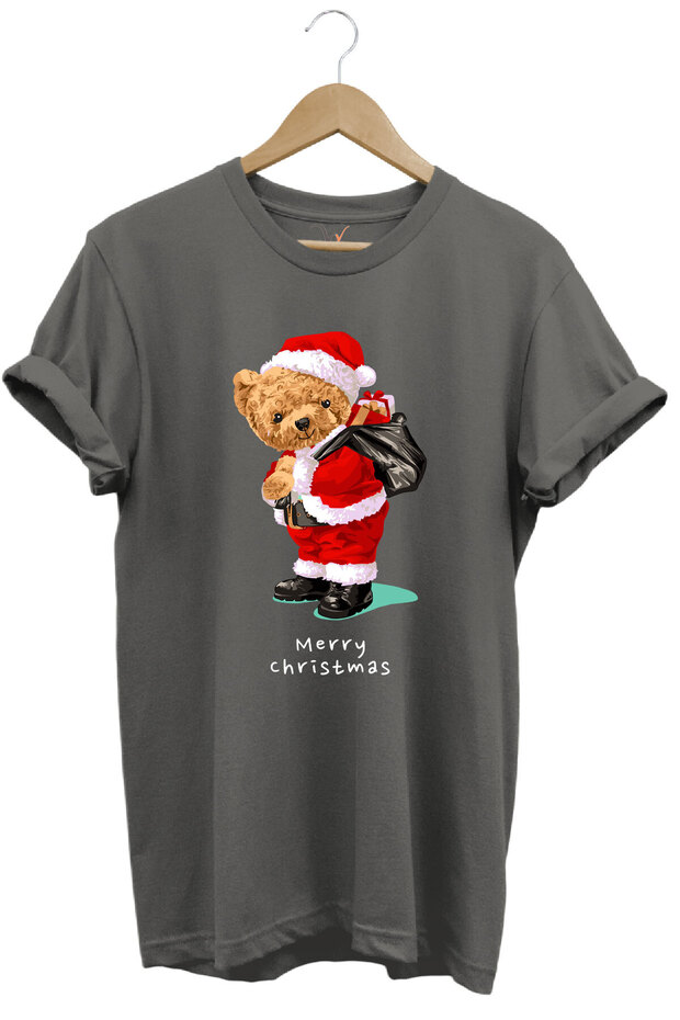 New Year's Day Merry Christmas Cute Teddy Bear Printed 100% Cotton Regular Fit Gray T-Shirt