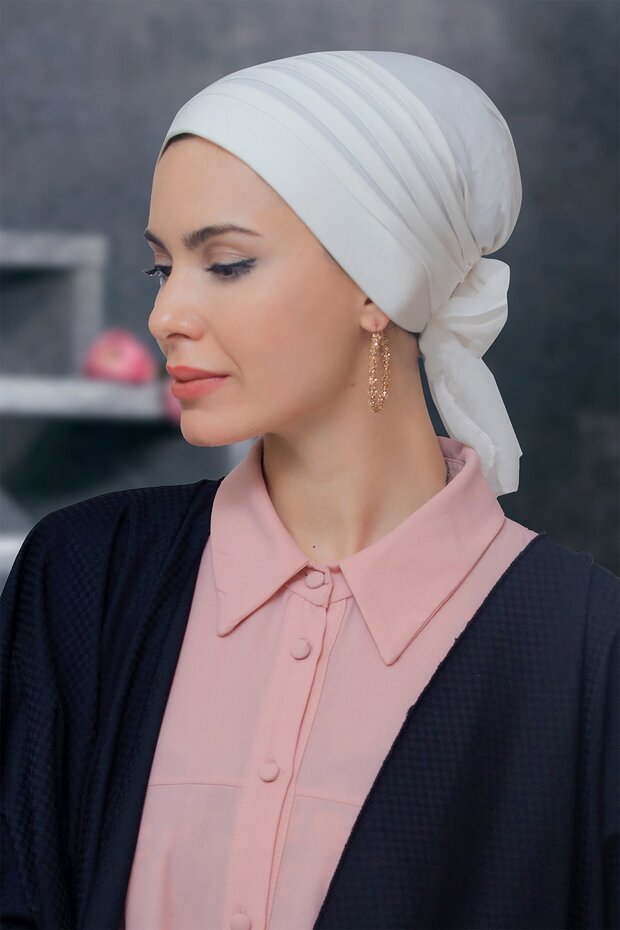 Cream Practical Ready-made Interlocking Hijab Bonnet Sandy Fabric Pleated Ribbed Rose 1806_40
