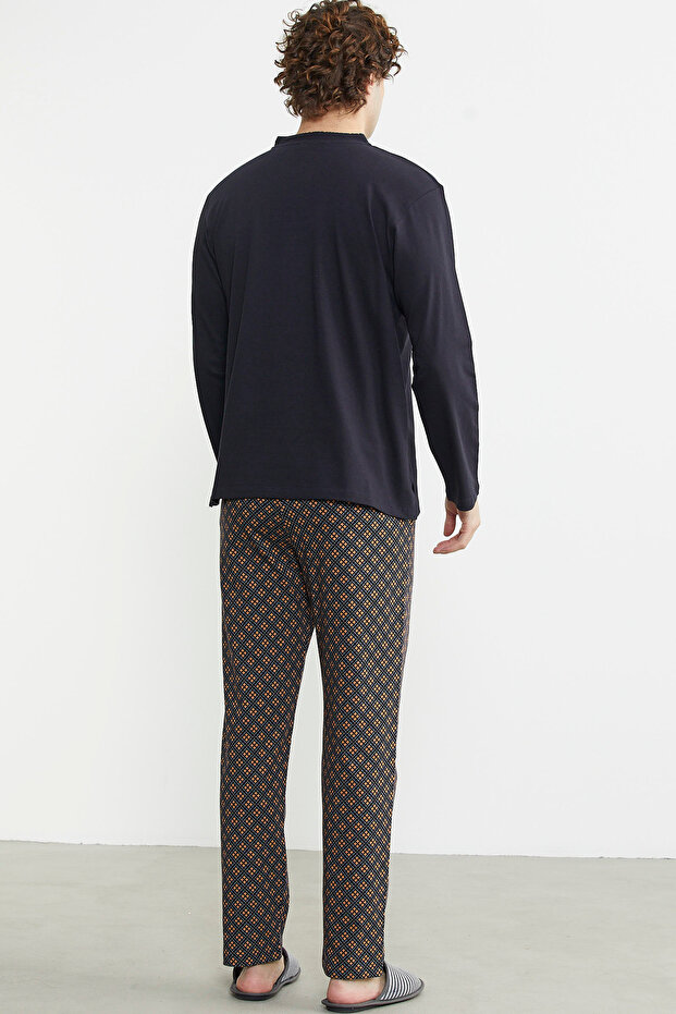 Patterned Combination Pajama Set - Buttoned, Brown - 6